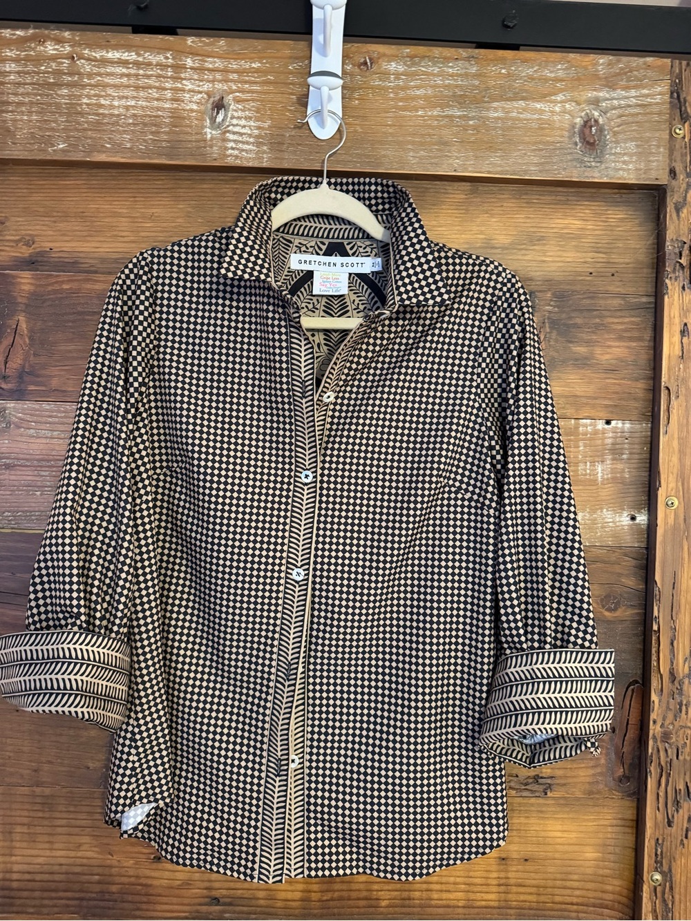 Gretchen Scott Dip & Dot Boyfriend Shirt Black Tan Size M